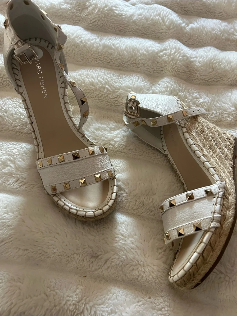 Marc Fisher White Studded Espadrille Wedge Sandals